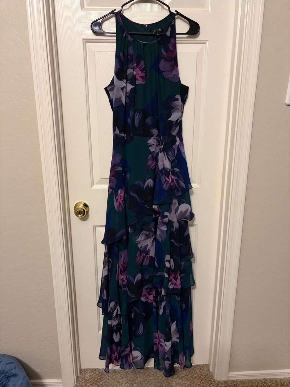 Tahari Teal Maxi Dress with Purple Floral Print